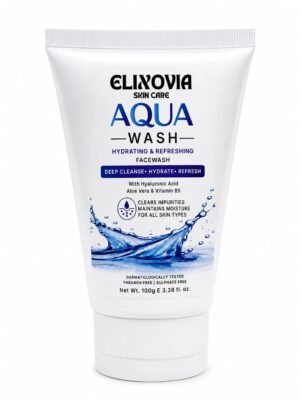 Deeply cleanse and refresh your skin with Elixovia Aqua Wash. Enriched with Hyaluronic Acid, Aloe Vera & Vitamin B5. Sulphate-free & paraben-free for all skin types.